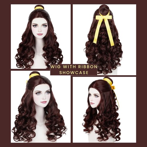 Prestyled Brown Belle Wig for Women + Yellow Ribbon + Detachable Bun, 60cm Long Brown Wavy Hair Wig with Wig Cap for Halloween Costume Cosplay