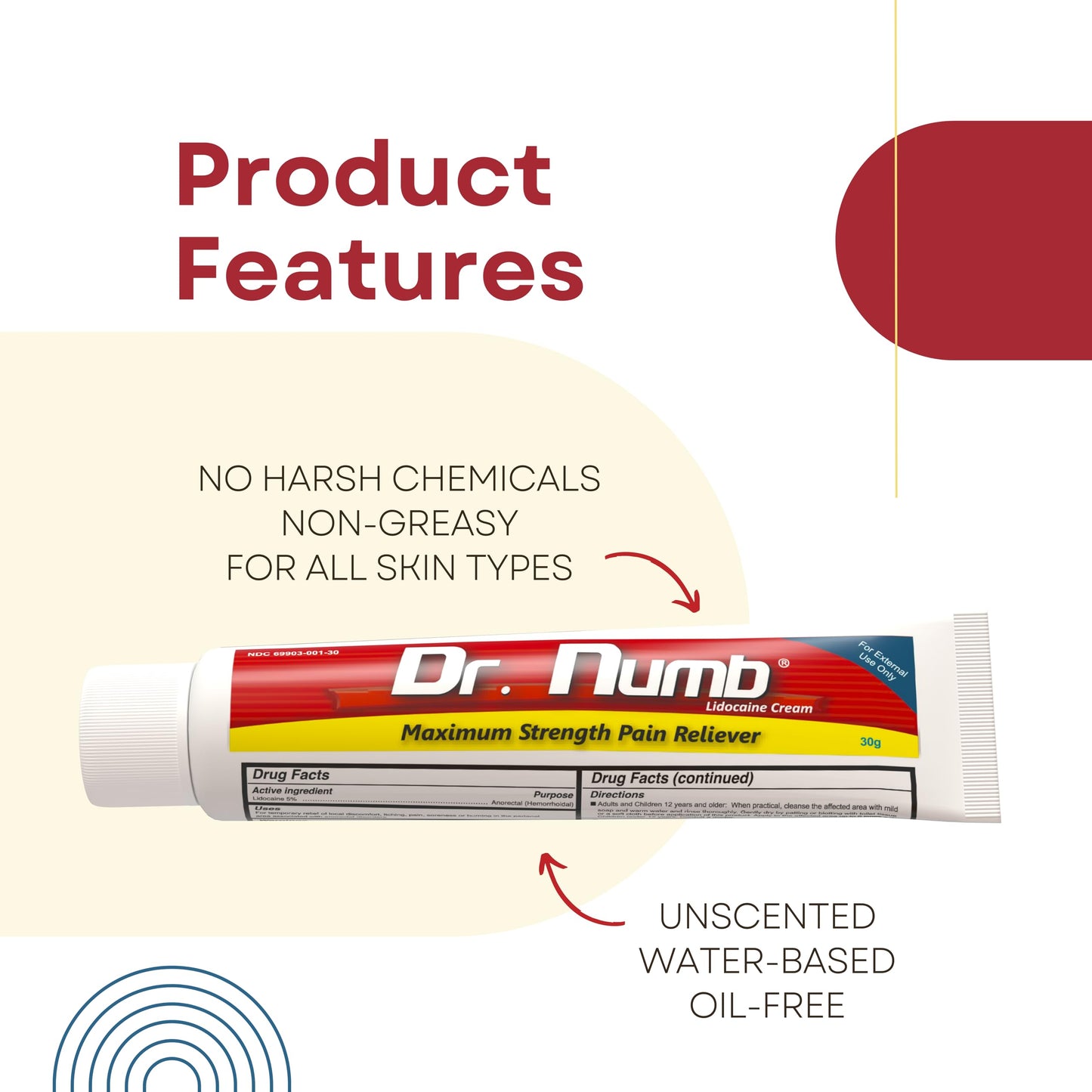 Dr. Numb 5% Lidocaine Numbing Cream, Fast-Acting Maximum Strength Topical Anesthetic Pain Relief Burn Itch Numb Cream with Vitamin E for Hemorrhoid Treatment, Local and Anorectal Uses - 30g 2 Pack