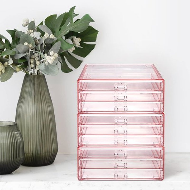 Ikee Design 3-Piece Set Pink Acrylic Drawer Storage Organizer, Ideal for Jewelry, Makeup, Home, and Office Storage,9.38 W x 5.38 D x 12.75 H in