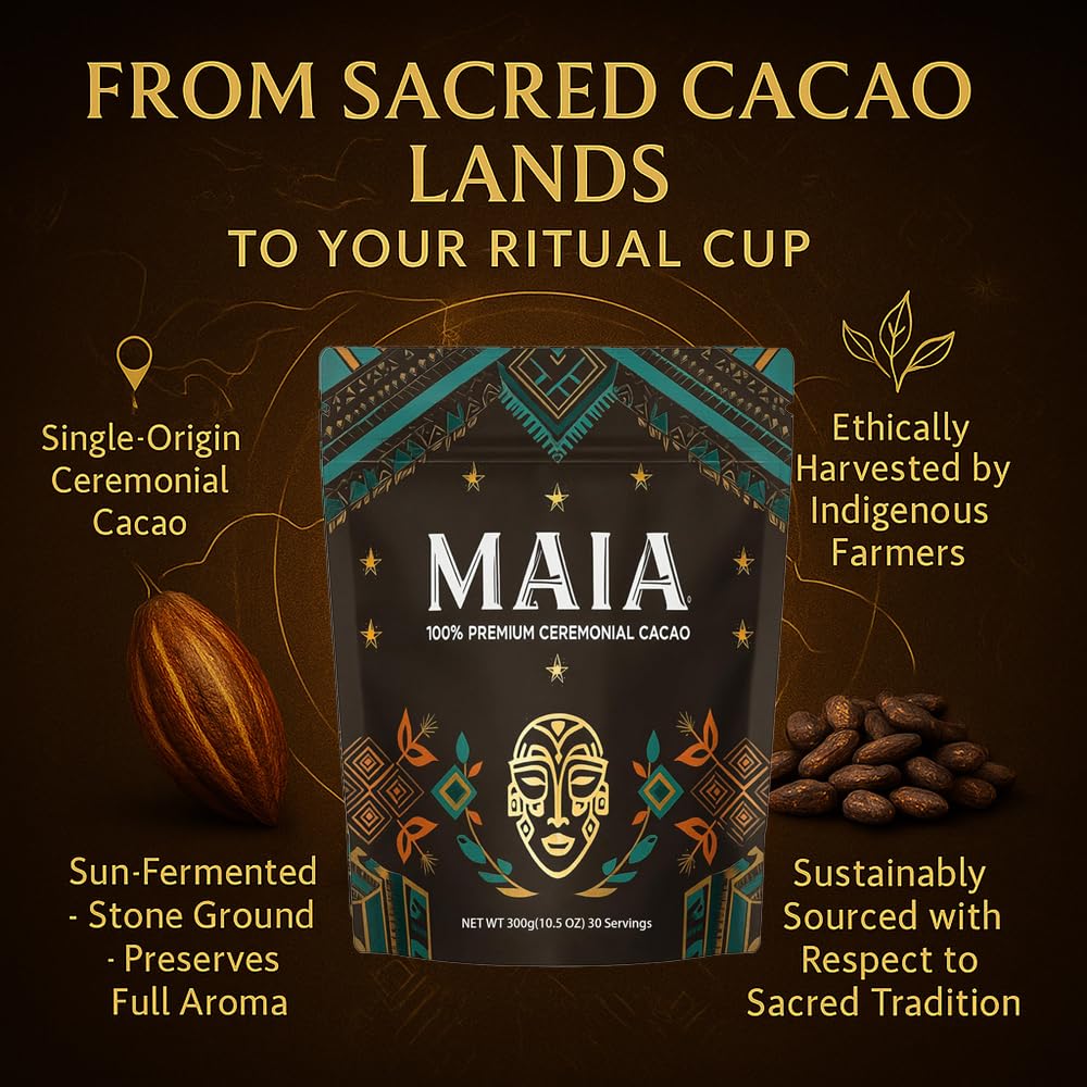 Maia Ceremonial Cacao, with Flavanol, Theobromine, Magnesium and Natural Flavonoids Blend, Improves Mental Clarity and Focus, 100% Organic Cocoa Powder, Unsweetened Cacoa Powder for Natural Energy & Mood Support (1)