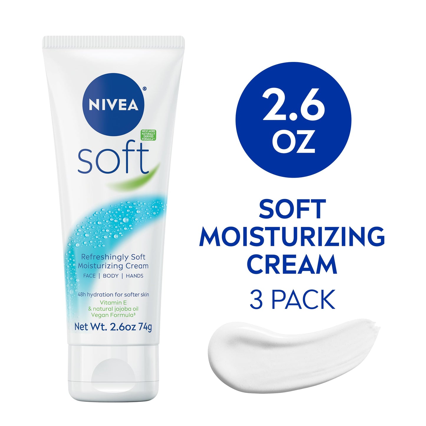 NIVEA Soft Refreshingly Soft Moisturizing Cream, Lightweight Moisturizer for Face, Body and Hands, Body Cream Enriched with Jojoba Oil and Vitamin E, 2.6 Oz Tube, Pack of 3