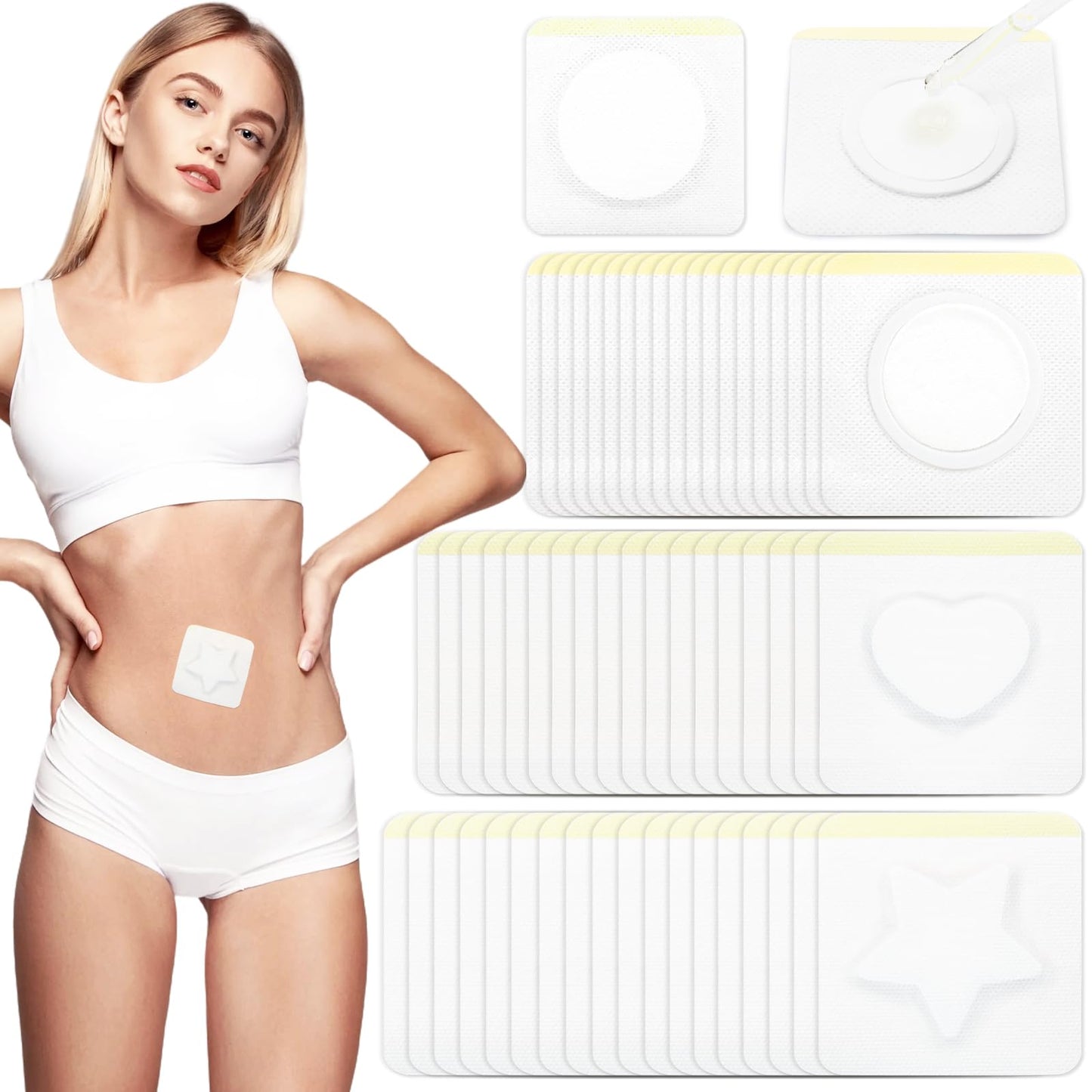 54 PCS Disposable Castor Oil Patches，Organic Cotton Castor Oil Belly Button Patches（Stars, Hearts, Circles），Portable Self-Adhesive Anti Leakage No Wash