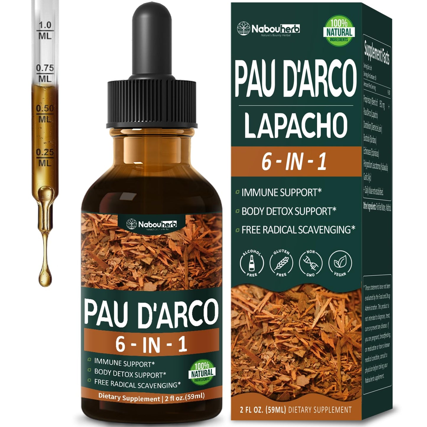 Nabouherb PAU d'Arco Extract Liquid Drops for Immune Support, PAU d arco Inner Bark Tincture Absorbs Better Than Capsule & Tea, 6-in-1 Herbal Blend w/Echinacea Burdock for Body Detox Cleanse.2oz