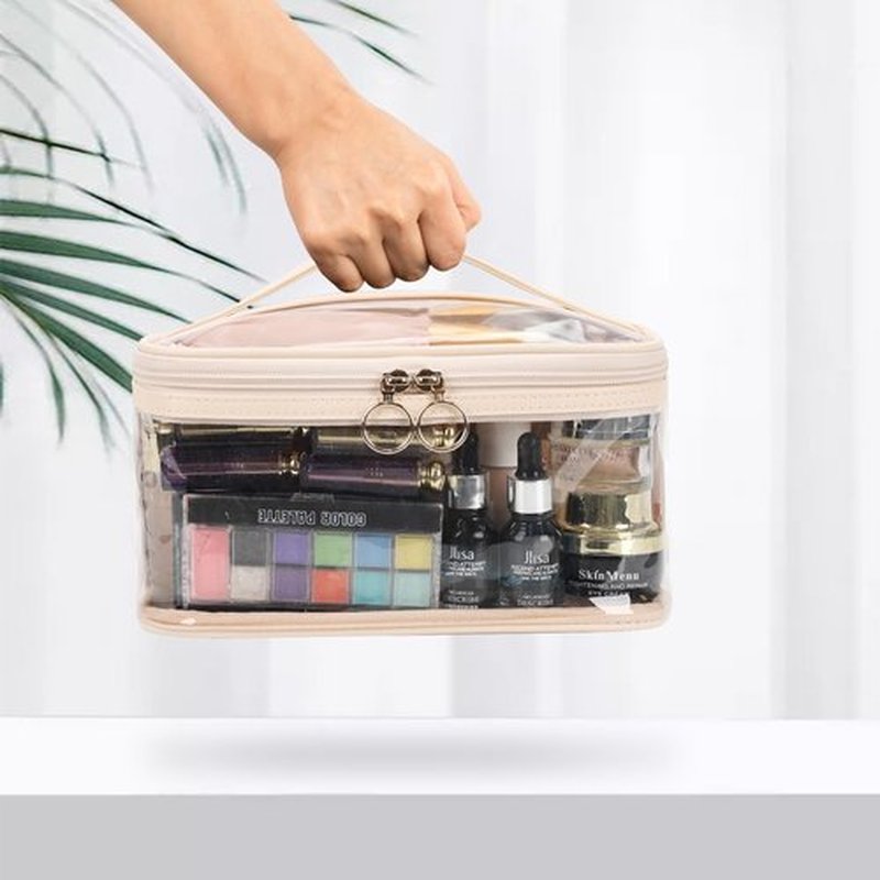 OCHEAL Makeup Bag, Clear Makeup Organizer Bag Portable Cosmetic Bag, Cute Transparent Makeup Case For Women and Girls traveling Storage with zipper Divider Brush Compartment-Clear Beige white