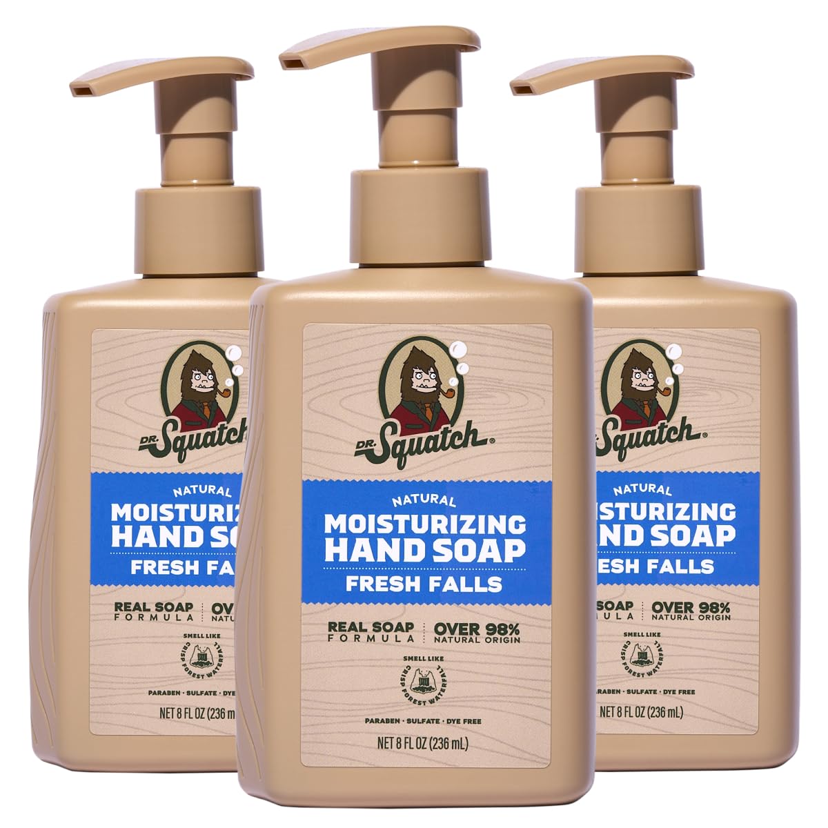Dr. Squatch Natural Moisturizing Hand Soap - Tough on Dirt + Grime - Clean Ingredient, Gentle for all Skin Types - Moisturizing + Non-Drying - Fresh Falls (8 fl oz, 3-Pack)