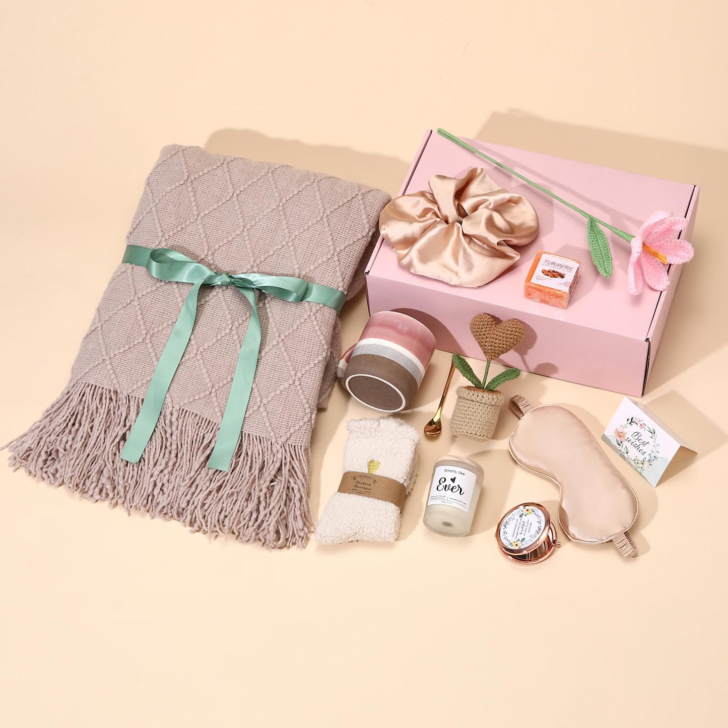 Christmas & Birthday Gifts for Women, Self Care Gift Basket Get Well Soon Care Package - Luxury Spa Set with Knitted Blanket, Fuzzy Socks, Mug, Candle, Scrunchie for Her, Mom, Best Friend