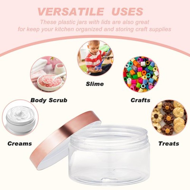 Dandat 24 Pcs Plastic Jars with Lid and Label PET Cosmetic Containers Leak Proof Empty Cosmetic Jars Refillable Storage Travel Jars for Lotion Cream Gel Powder Ointment(Clear with Rose Gold Lid,8 oz)