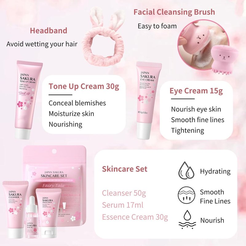 Japan Sakura Skin Care Set for Teens | 8-Piece Kit with Cleanser, Serum & Cream - Perfect for Ages 10-12