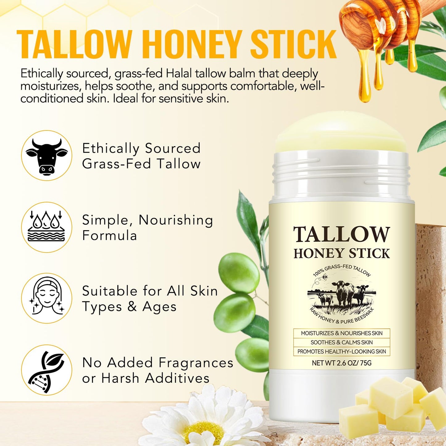 Honey Tallow Balm - 100% Grass-fed Tallow | Beef Tallow Face Cream Rich in Natural vitamins A, D, E, K, Omega Fatty Acids | Tallow Honey Balm with Shea Butter&Olive Oil | Beef Tallow Face Cream - 75G