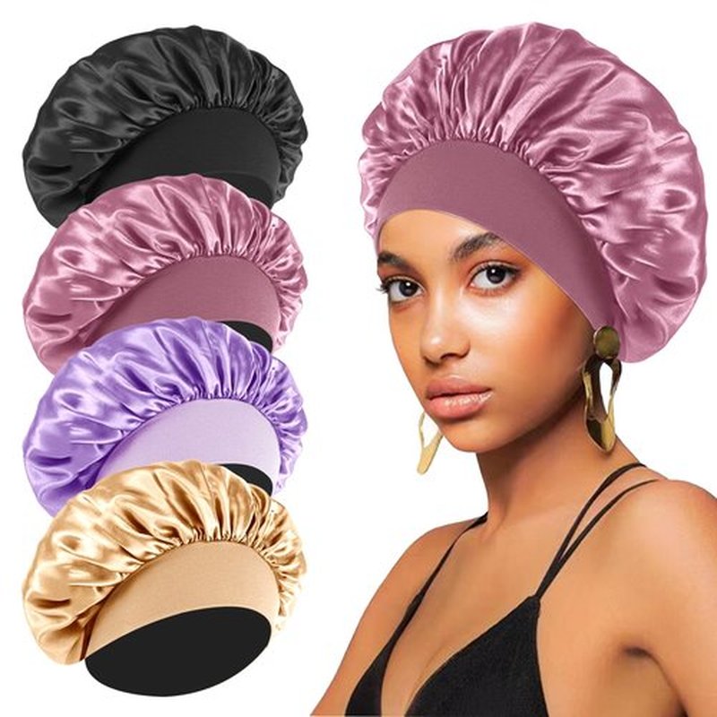 4PCS Silk Bonnet for Sleeping,Hair Wrap Satin Bonnets Shower Cap for Black Women Men, Elastic Wide Band Hair Bonnet Cap for Sleeping Curly Hair(Black & Bean Paste Pink & Purple & Brown)