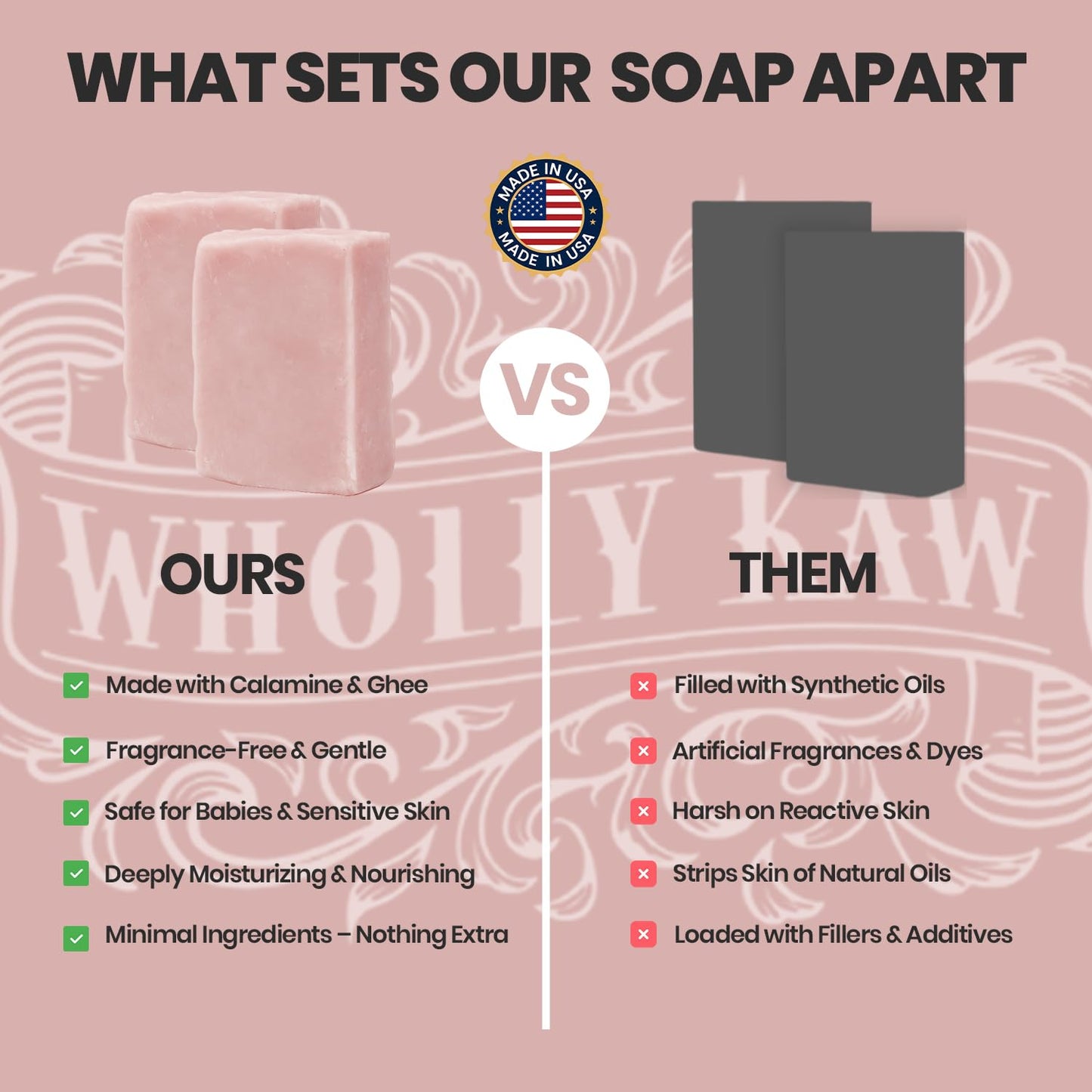 Wholly Kaw Organic Ghee, Tallow and Calamine Soap Bar with Natural Ingredients. Clean Label. Unscented. Fragrance free Face & Body - for Men, Women & Teens. Gentle Body Soap for sensitive skin 4.0 oz