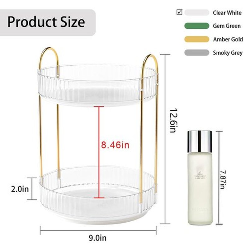YCIA&DONE 360 Rotating Makeup Organizer and Storage for Vanity Bathroom Countertop, High Capacity Cosmetic Skincare Perfume Organizer for Dresser Lazy Susan Organizers(Clear White,2 Tiers)