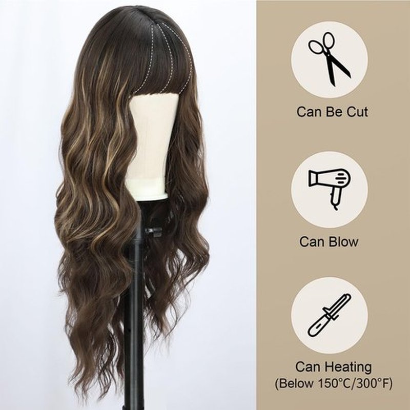 BOGSEA Brown Wigs with Bangs Long Wavy Wig for Women Brown Highlights Wigs with Bangs Synthetic Heat Resistant Fiber Wigs for Daily 26 Inch