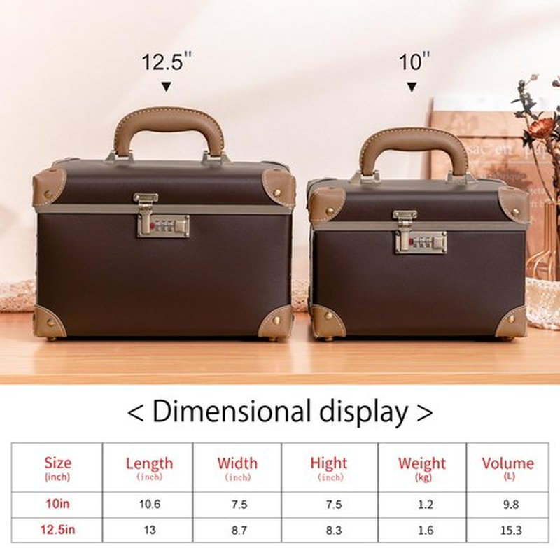 urecity Portable Makeup Train Case Cosmetic Organizer Case Leather Storage Box with Combination Lock (12.5", Dark Brown)