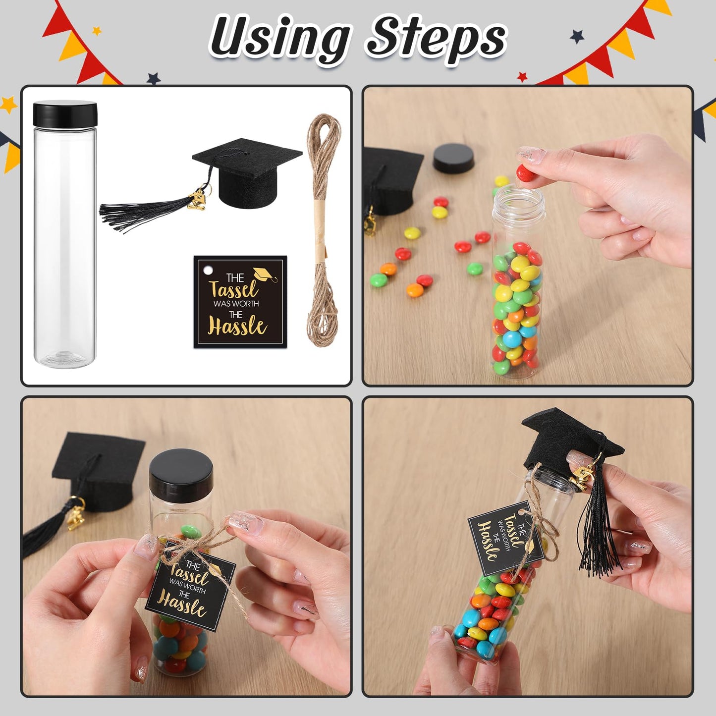 Willinglong 30 Set 2026 Graduation Candy Tubes Jars Set 100 ml Fillable Clear Plastic Gumball Container with Cap with Tassel and Cards for DIY 2026 Graduation Party Favors(Black)