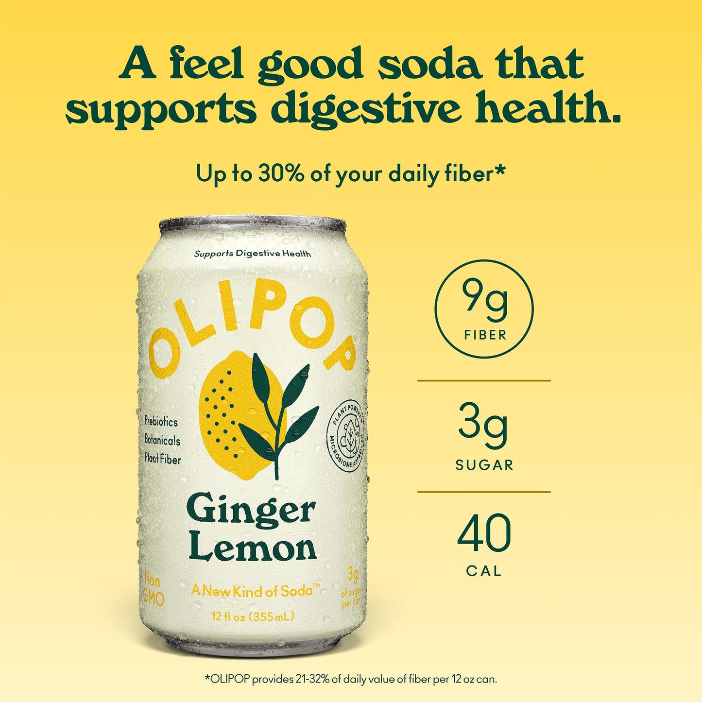 OLIPOP Prebiotic Soda Pop, Ginger Lemon, A New Kind of Soda Packed with Prebiotics, Fiber, and Botanicals, Gluten Free, GMO Free, 12oz (12-Cans)