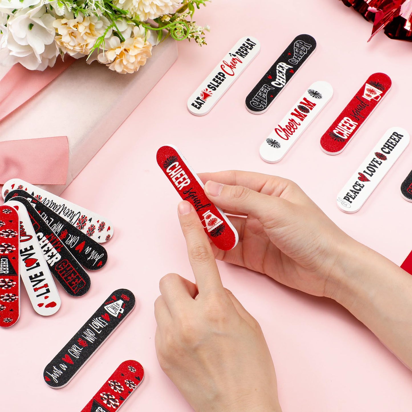 Lanties 50 Pack Cheerleader Gifts Bulk for Team Cheer Mini Nail Files for Women Cheerleader Emery Boards Funny Cheer Party Favors Small Spa Gifts for Women Teammates Salon Manicure Tools