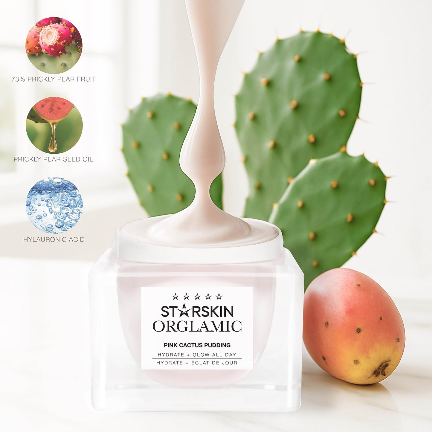STARSKIN Orglamic Pink Cactus Pudding, Hydrating & Nourishing Cream for all Skin Types, 99.3% Natural with Prickly Pear Cactus Seed Oil & Hyaluronic Acid, Luxurious Glow Moisturizer, K-Beauty - 50ml