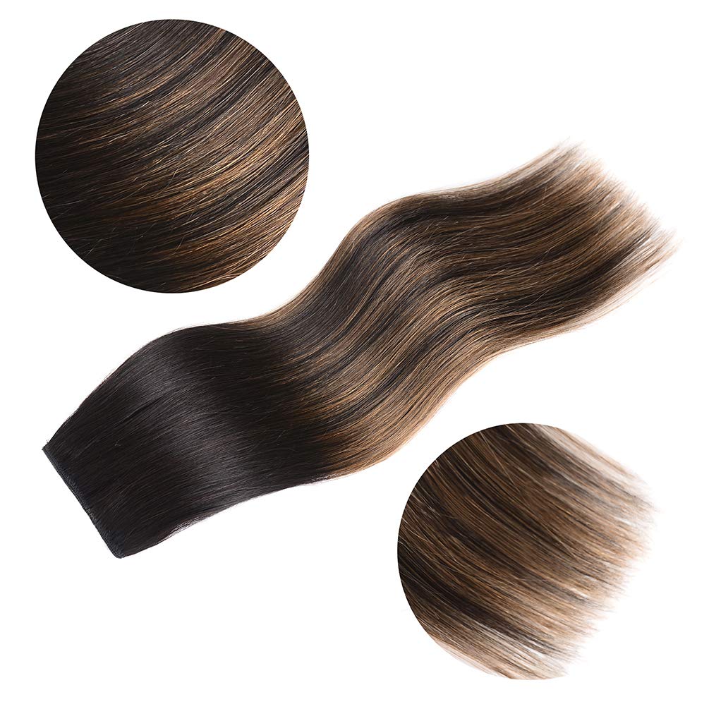 5 Pieces 20" Remy Clip in Hair Extensions Human Hair Natural Black to Chestnut Brown Highlight Ombre - Silky Straight Short Thick Real Hair Extensions for Women (20 inches, (1BT6) P1B, 100grams)