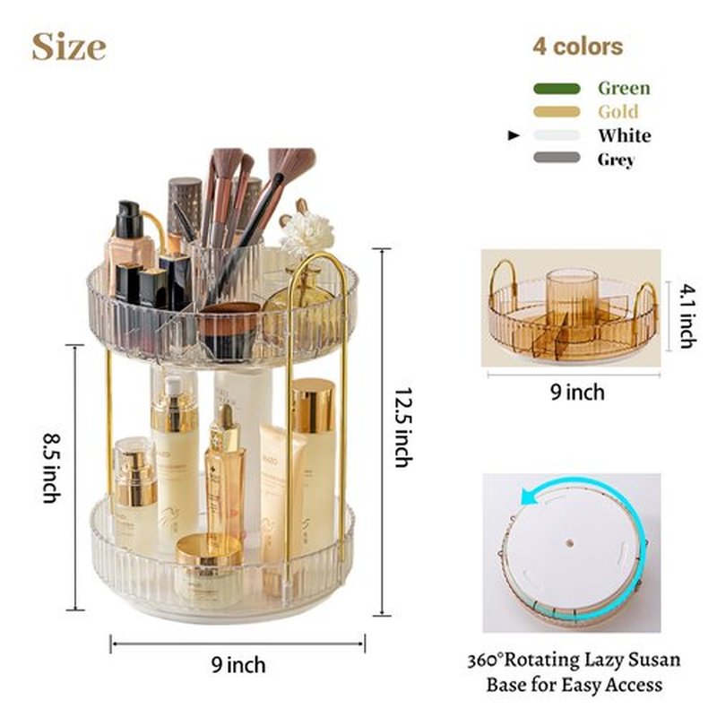 Aveniee 360 Rotating Makeup Organizer for Vanity, Upagraded Perfume Skincare Bathroom Counter Organizers with Brush Divider, Two Tier Spinning Lipstick Cosmetic Makeup Lotion Storage Organizer(White)