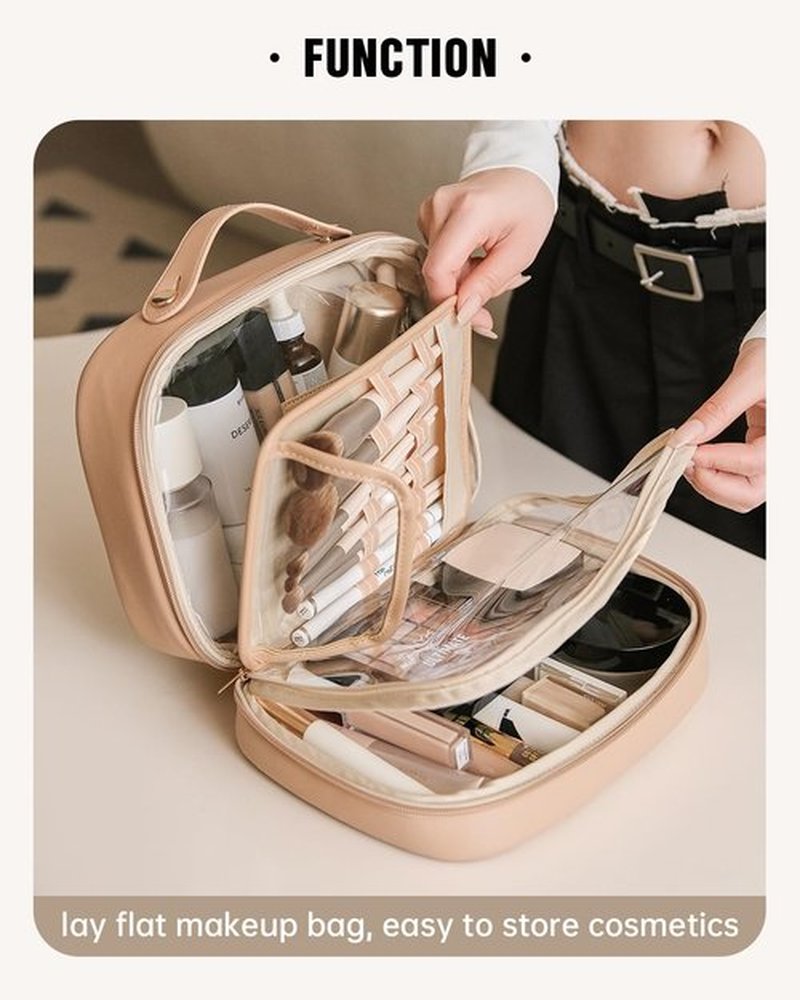 EACHY Travel Makeup Bag, Large Capacity Cosmetic Bags for Women, Waterproof PU Leather Make Up Bag with Makeup Brush Organizer (Beige)