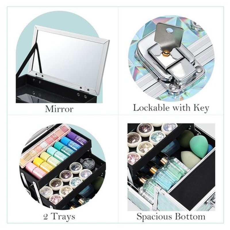 FRENESSA Makeup Train Case Portable Cosmetic Box Makeup Case Organizer with Mirror 2 Trays Lockable Makeup Storage Box for Cosmetologist, Makeup Tools, Craft Travel Cosmetology Case Blue