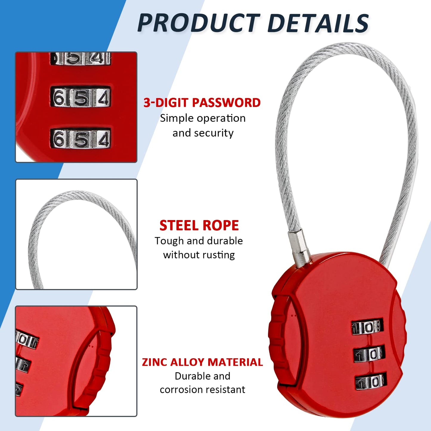 Litoexpe 6 Pcs Combination Lock, 3 Digit Outdoor Waterproof Padlock Code Lock Cable Luggage Locks for Backpack, Suitcase, Door (6 Colors)
