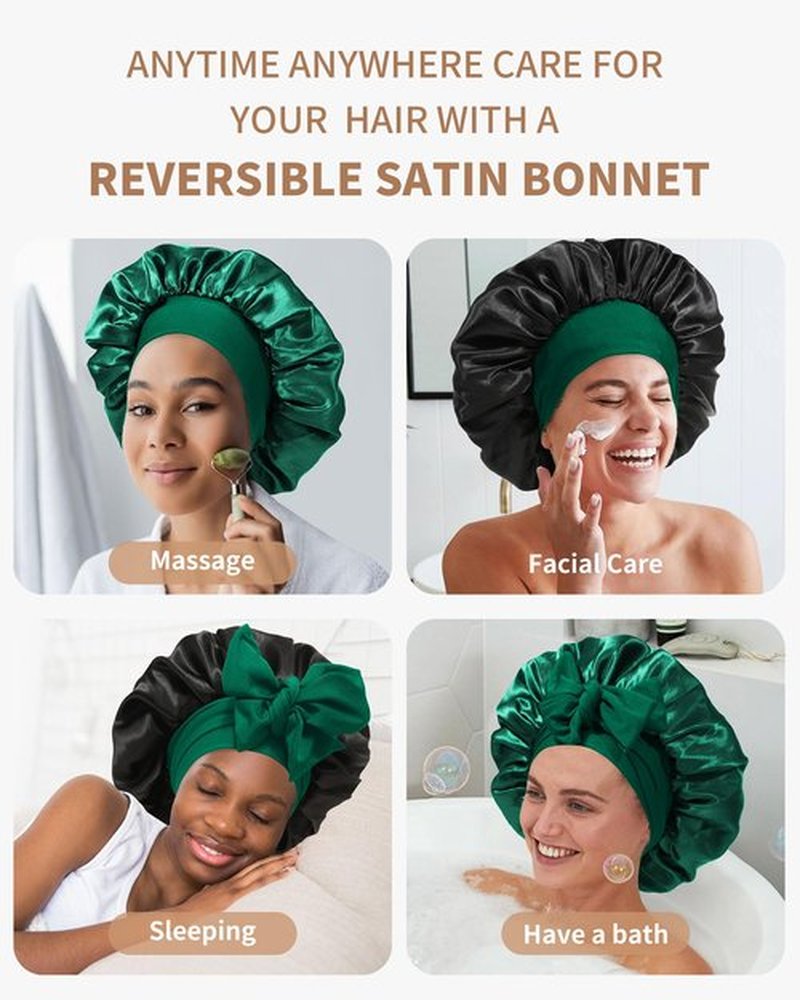 Satin Bonnet for Women Silk Bonnets for Sleeping Curly Hair Bonnet with Elastic Tie Band Reversible Double Layer Sleep Cap Hair Wrap (Black + Green)