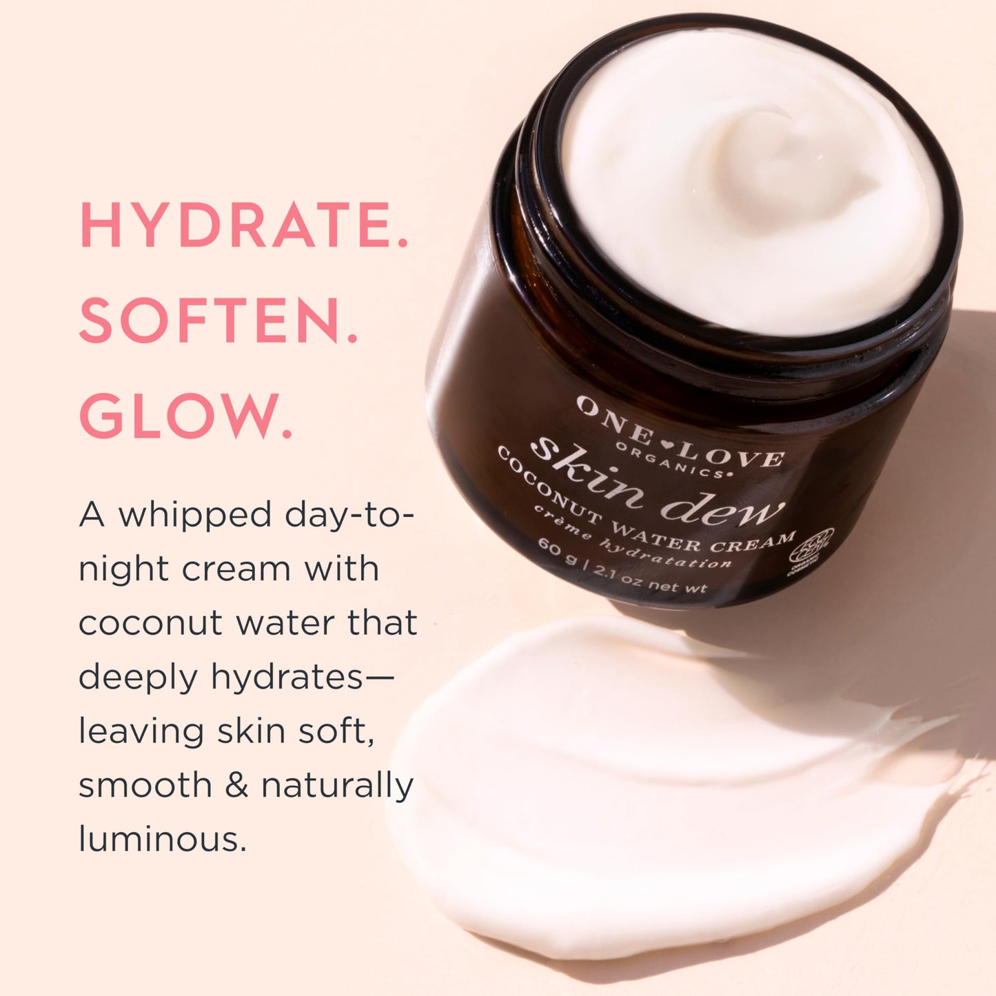 One Love Organics Skin Dew Coconut Water Cream – Lightweight Certified Organic & Cruelty Free Face Moisturizer for Hydrated, Dewy Skin, Fragrance-Free & Vegan 2.1 oz