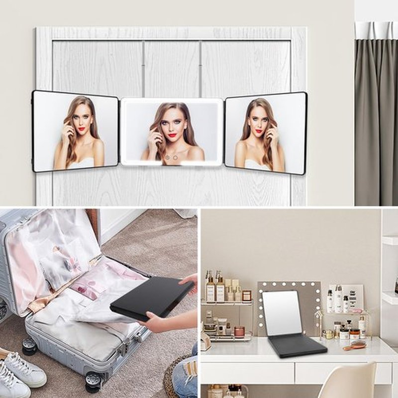 JANMPASK 3 Way Mirror, LED Home Mirror for Self Hair Cutting, 14x9 inches, Door Mount, 360 Makeup Mirror with Light, Adjustable, 10x Magnification