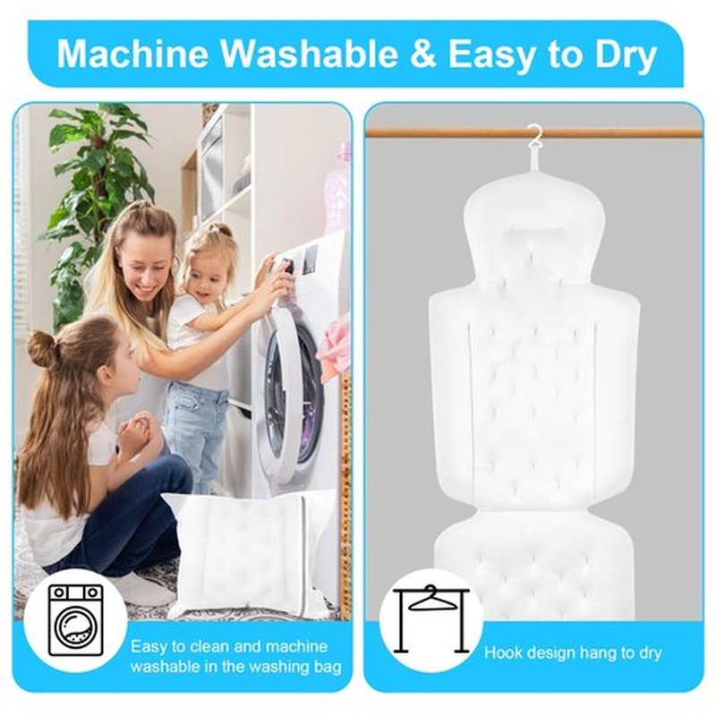 Full Body Bath Pillow for Bathtub, Bath Pillows for Tub with Powerful Non-Slip Suction Cups and Mesh Laundry Bag, Luxury Tub Pillow for Bath for Headrest Neck and Back Support White