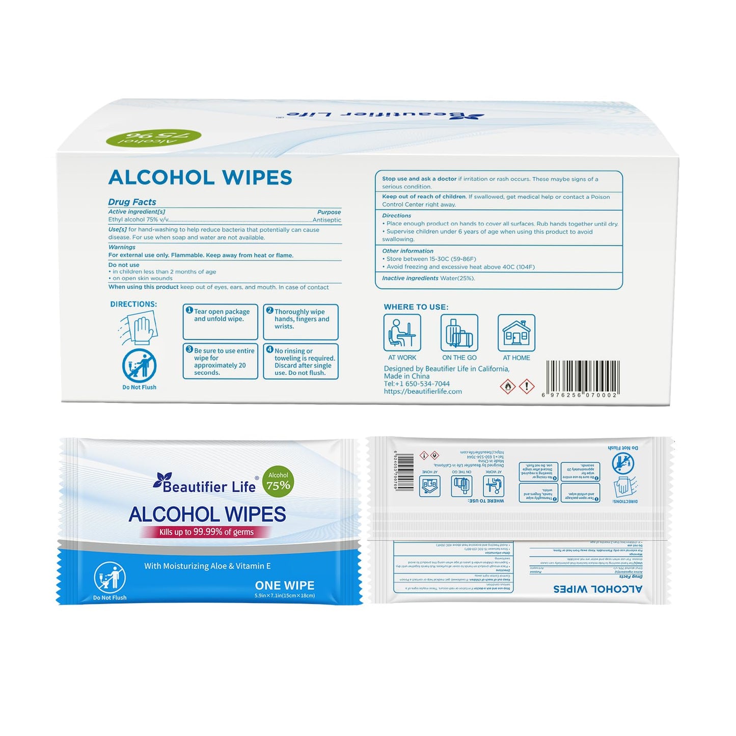 Beautifier Life 100 Count Individually Packed Hand Sanitizing Wipes - 75% Alcohol Formula with Aloe, Moisturizer, and Vitamin E - Premium Sanitizer for Travel, Home, Office, and School Use
