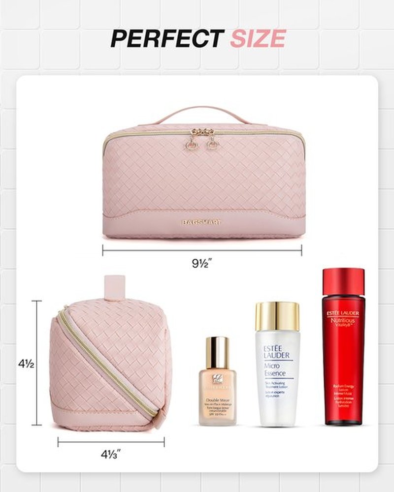 BAGSMART Makeup Bag Cosmetic Bag, Travel Makeup Bag, PU leather Makeup Bags for Women Portable Water-resistent Pouch Open Flat Make Up Organizer Bag for Toiletries, Brushes, Leather Pink