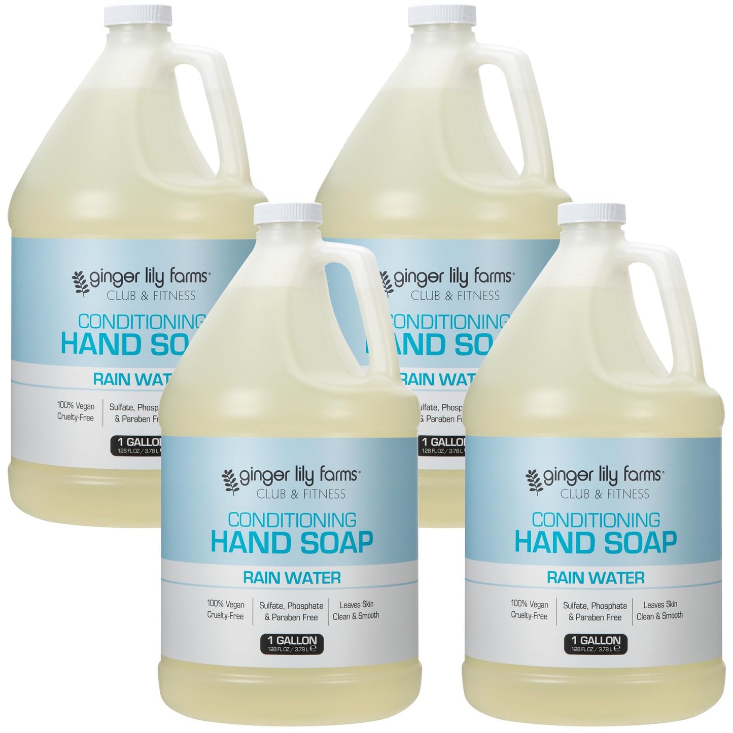 Ginger Lily Farms Club & Fitness Conditioning Liquid Hand Soap Refill, 100% Vegan & Cruelty-Free, Rain Water Scent, 1 Gallon (Pack of 4)