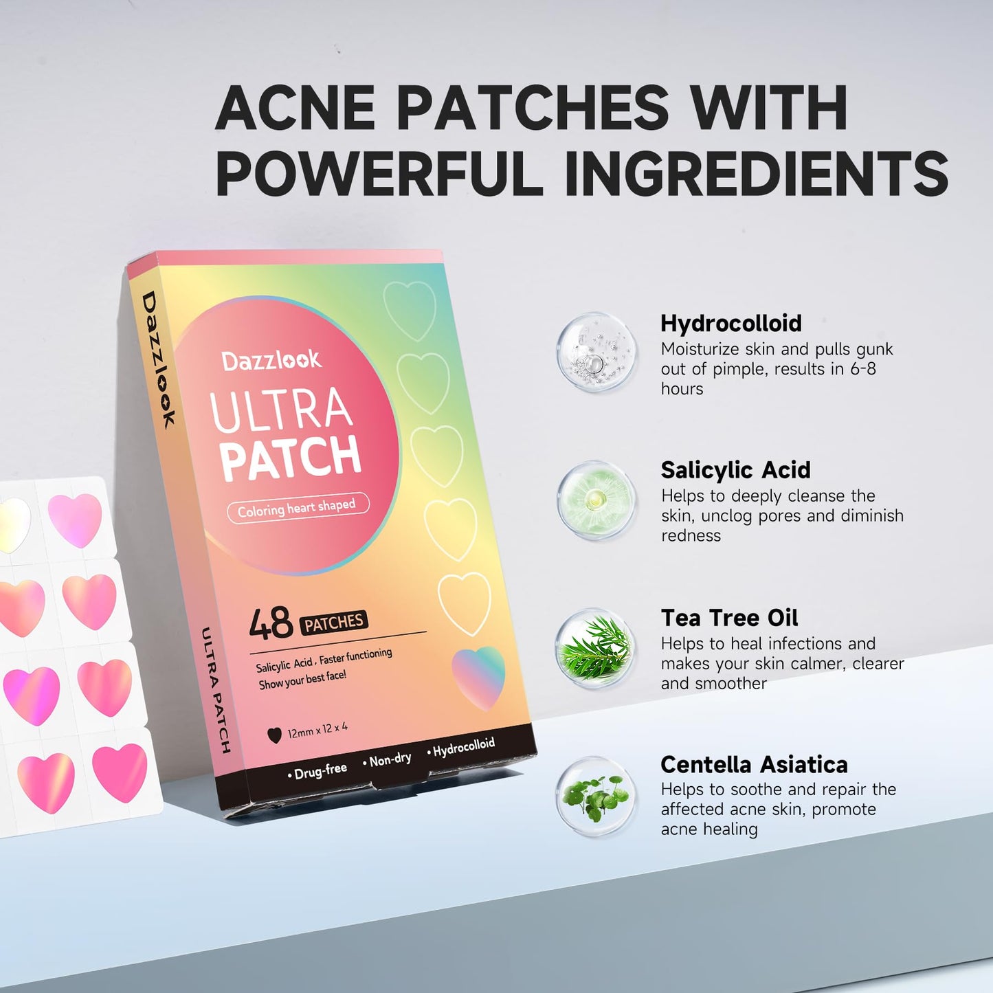 Dazzlook Cute Pink Heart Pimple Patch with Salicylic Acid, Hydrocolloid Pimple Stickers Iridescent Colors 48 Pcs, Fashion Zits Blemishes Breakouts Patches