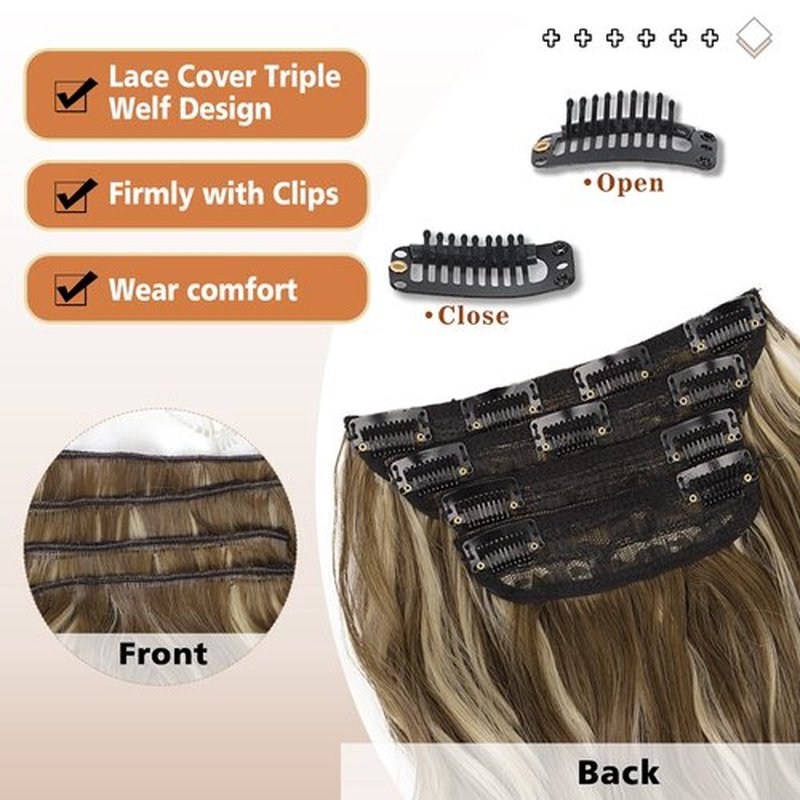QGZ Clip in Long Wavy Hair Extensions Synthetic 4 PCS Thick Hairpieces for Women 20 Inch Long Fiber Hair Extension for Daily Party Use (Medium Brown Highlighted Blonde)
