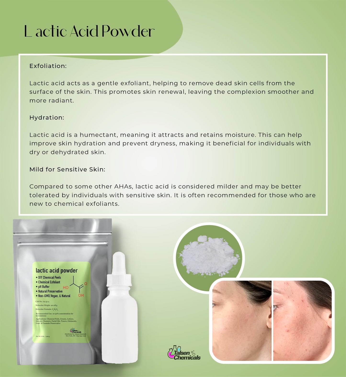 Talsen Chemicals Lactic Acid Powder Lactic Acid Food and Cosmetics Grade DIY Lactic Acid Peel for Skin Moisturizing 8 Ounce (Pack of 1)