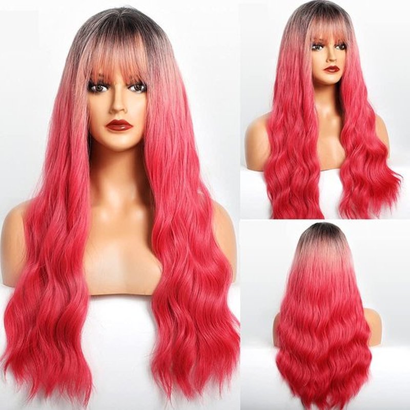 Yupher Ombre Pink Wig with Bangs Long Wavy Wigs for Women Pink Wigs with Bangs Heat Resistant Natural Wavy Synthetic Wigs for Daily Party Cosplay