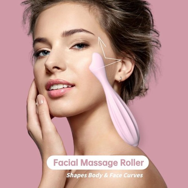 Silicone Facial Massage Roller, Face Massager Shapes Face Curves Improve Wrinkles, Body & Face Massager Skin Lifting Contouring Massage Tool Reduces Puffiness Promote Circulation for Women (Pink)