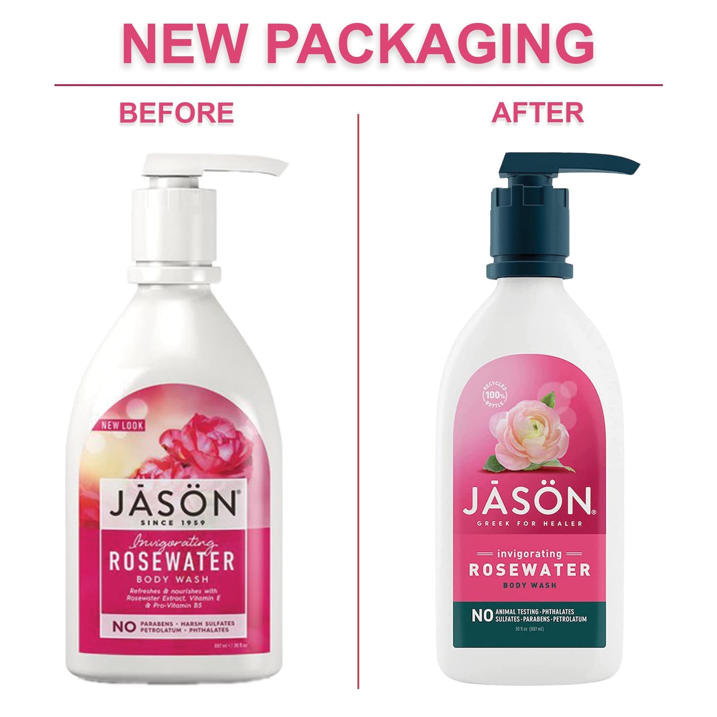 JASON Rosewater Invigorating Body Wash Women/Men, For a Gentle & Clean Feel, 30 Fluid Ounces (Pack of 2)