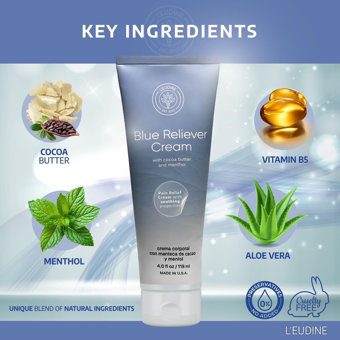L'EUDINE Blue Reliever Cream – Joint and Muscle Therapy, Body Cream with Cocoa Butter and Menthol