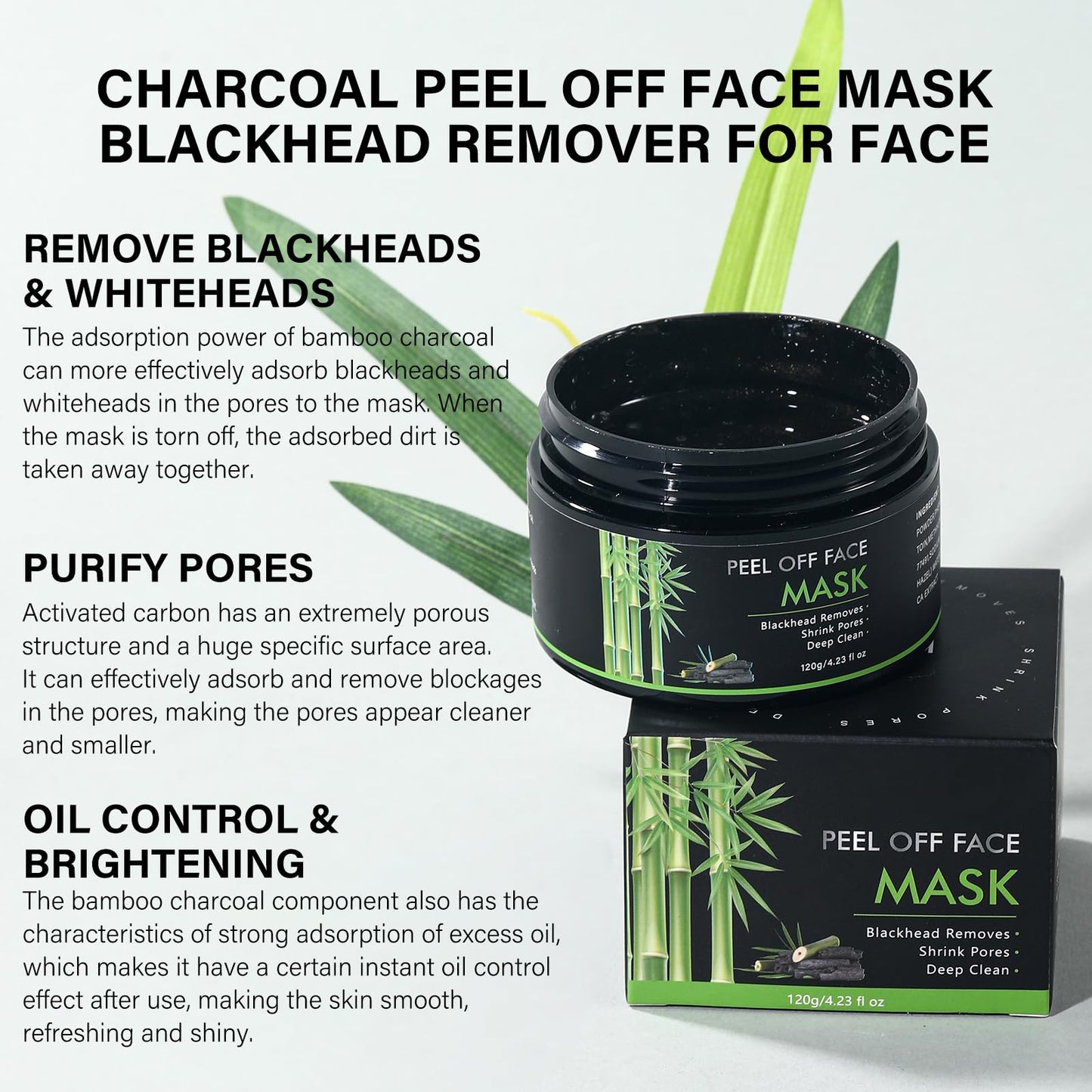 AOPEIBOTO Charcoal Peel Off Face Mask, Blackhead Remover Mask, Black Mask Peel Off for Nose, Deep Cleansing Face Proes, Dirts and Oil for Women & Men, 120g/4.23fl.oz