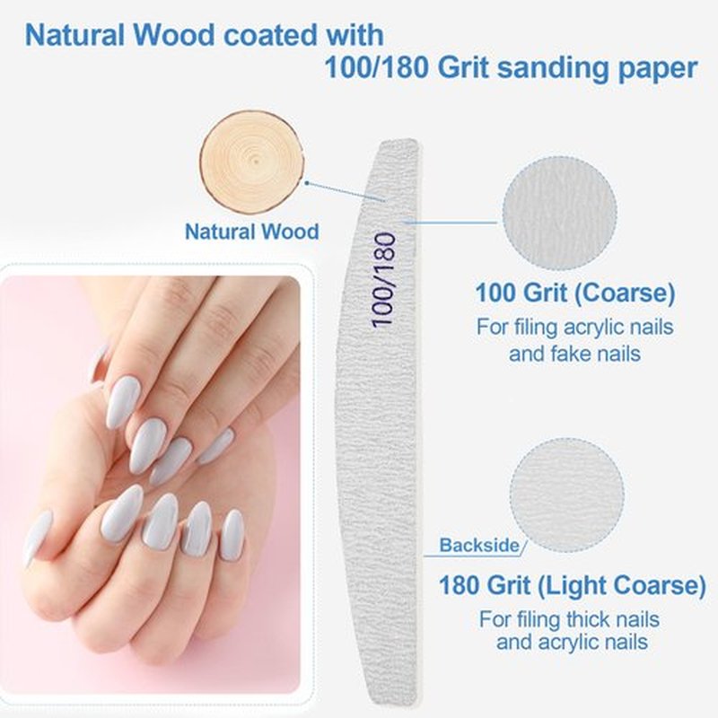 Nail Files (50 Pack), 100/180 Grit Wooden Emery Board Nail File Double Sided Wood Emory Fingernail Files for Natural Nails Professional Reusable Manicure Pedicure Curved