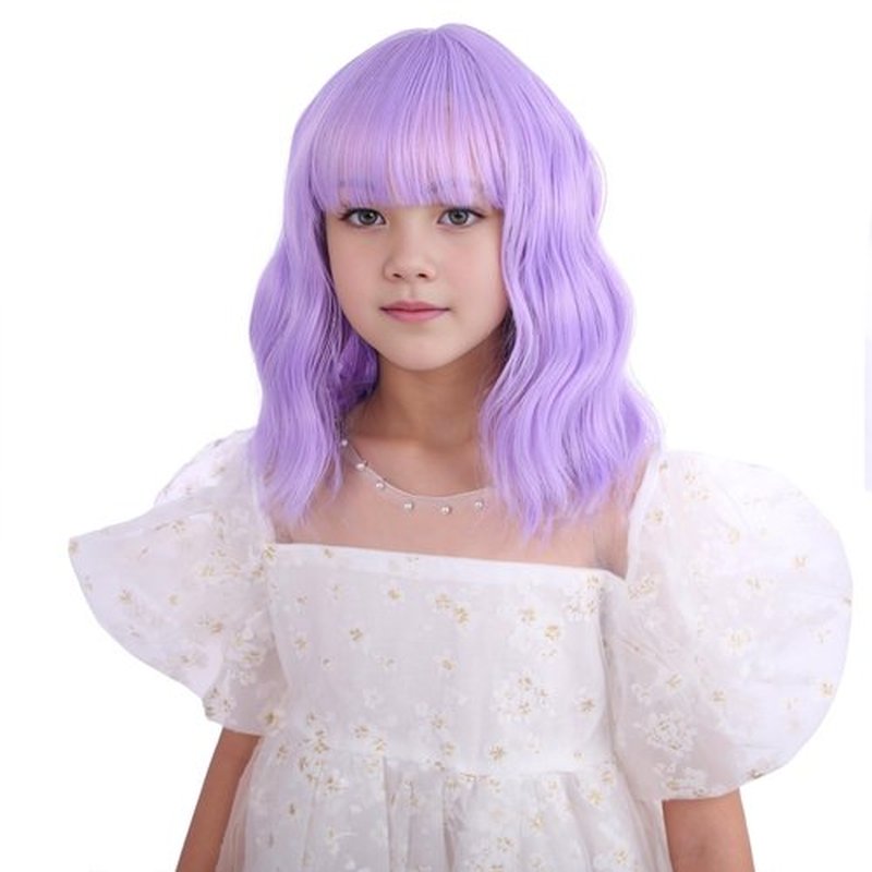 DUDUWIG Kids Light Purple Wig Girls Short Purple Wavy Curly Wigs with Air Bangs Synthetic Cosplay Hair Wig