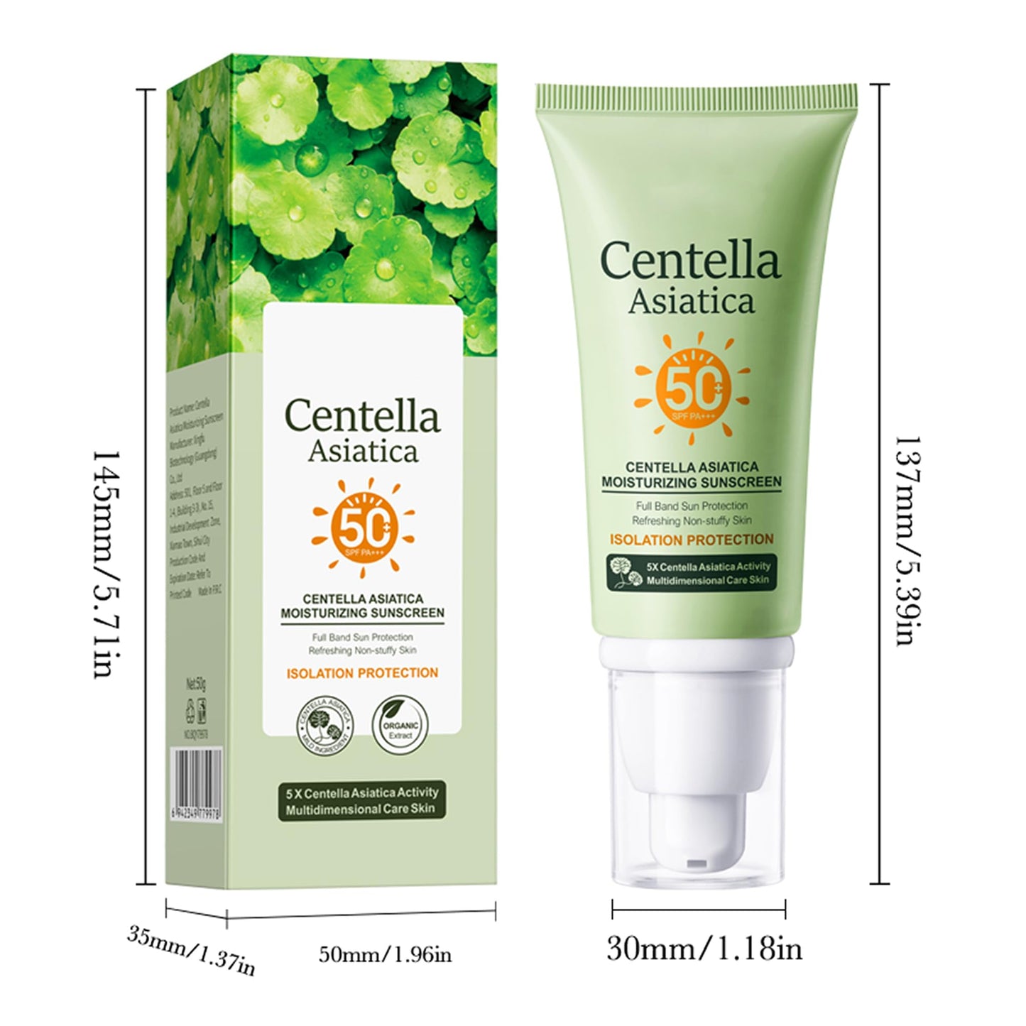 DLZZRS Centella Asiatica Moisturizing Sunscreen, SPF50+ PA+++ Full Body Sun Cream, Hydrating Moisturizing All-weather Sun Protection & UV Protection, Centella Moisturizer, Refreshing Texture, 1.76Oz