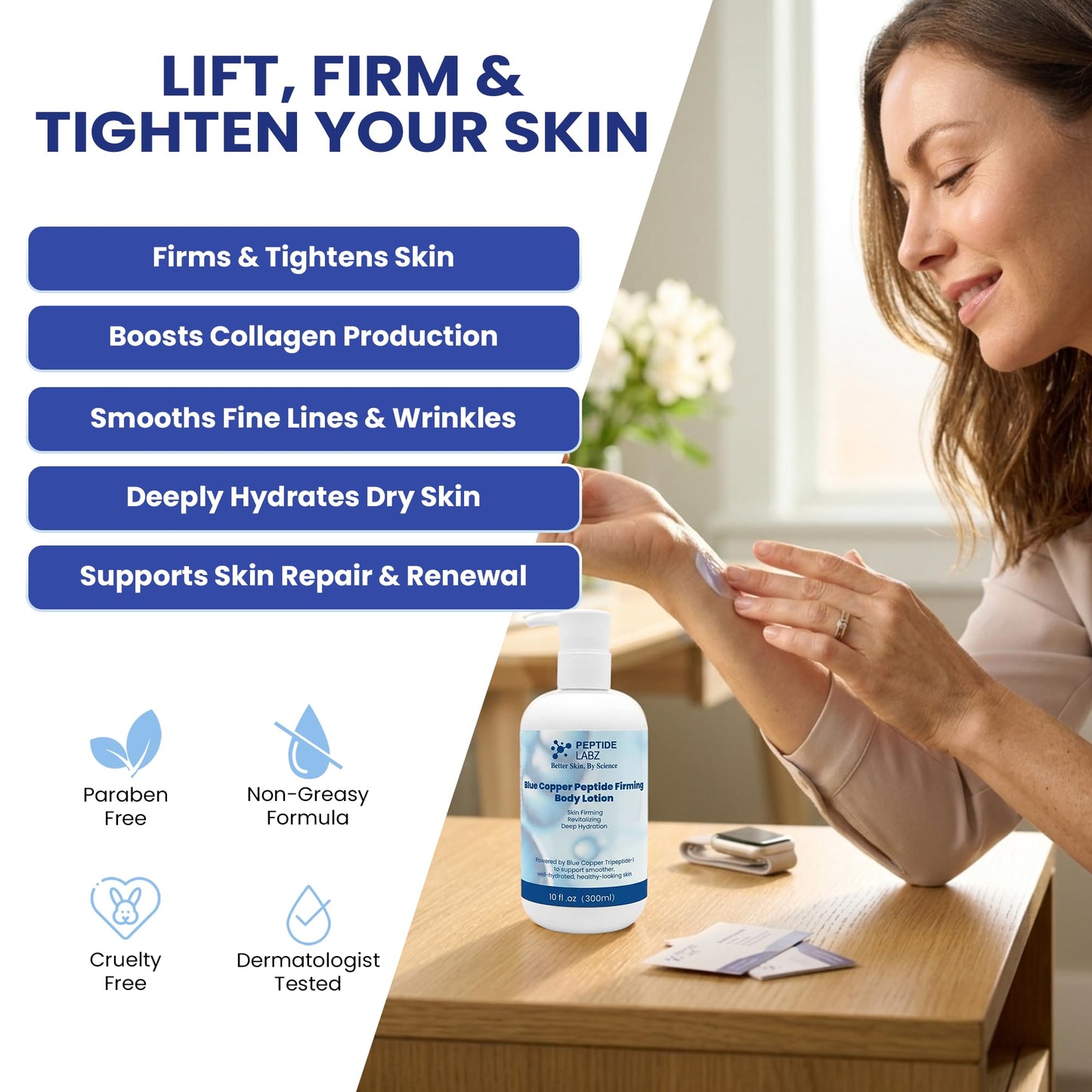 Copper Peptide & Hyaluronic Acid - Body Lotion - Skin Revitalizing, Skin Firming & Hydrating Formula, 10 Fluid Ounce