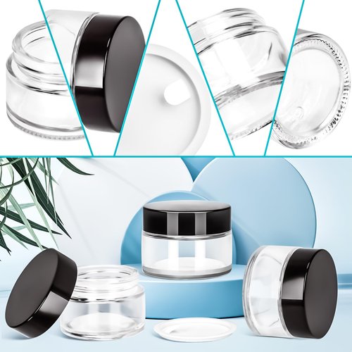 MotBach 6 Pack 1 oz Glass Jars with Lids 60ml Mini Round Clear Glass Jars with Inner Liners and Spatulas, Travel Size Containers Jars for Toiletries Creams Makeup Cosmetic Sample Lotion (Black Lid)
