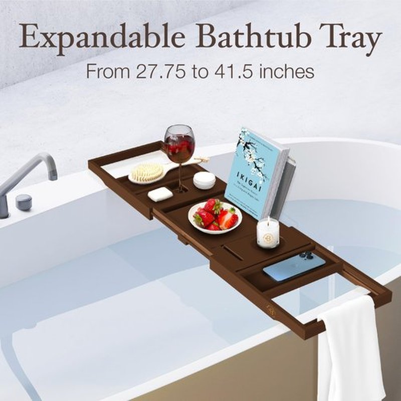 Foldable Bathtub Tray - Expandable Bamboo Bath Caddy with Wine, Book & Tablet Holder - Luxurious Bath Accessories, Perfect Spa Experience - Unique Gifts for Mom, Women, Couples, Housewarming (Brown)