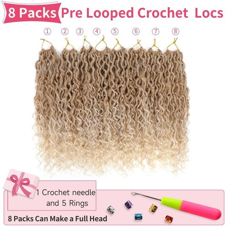 Alicoco Goddess Locs Crochet Hair 14 Inch 8 Packs Faux Locs Crochet Hair For Women Boho Soft Locs Pre-looped River Crochet Locs With Curly Ends (14 Inch (Pack of 8), 27/613)