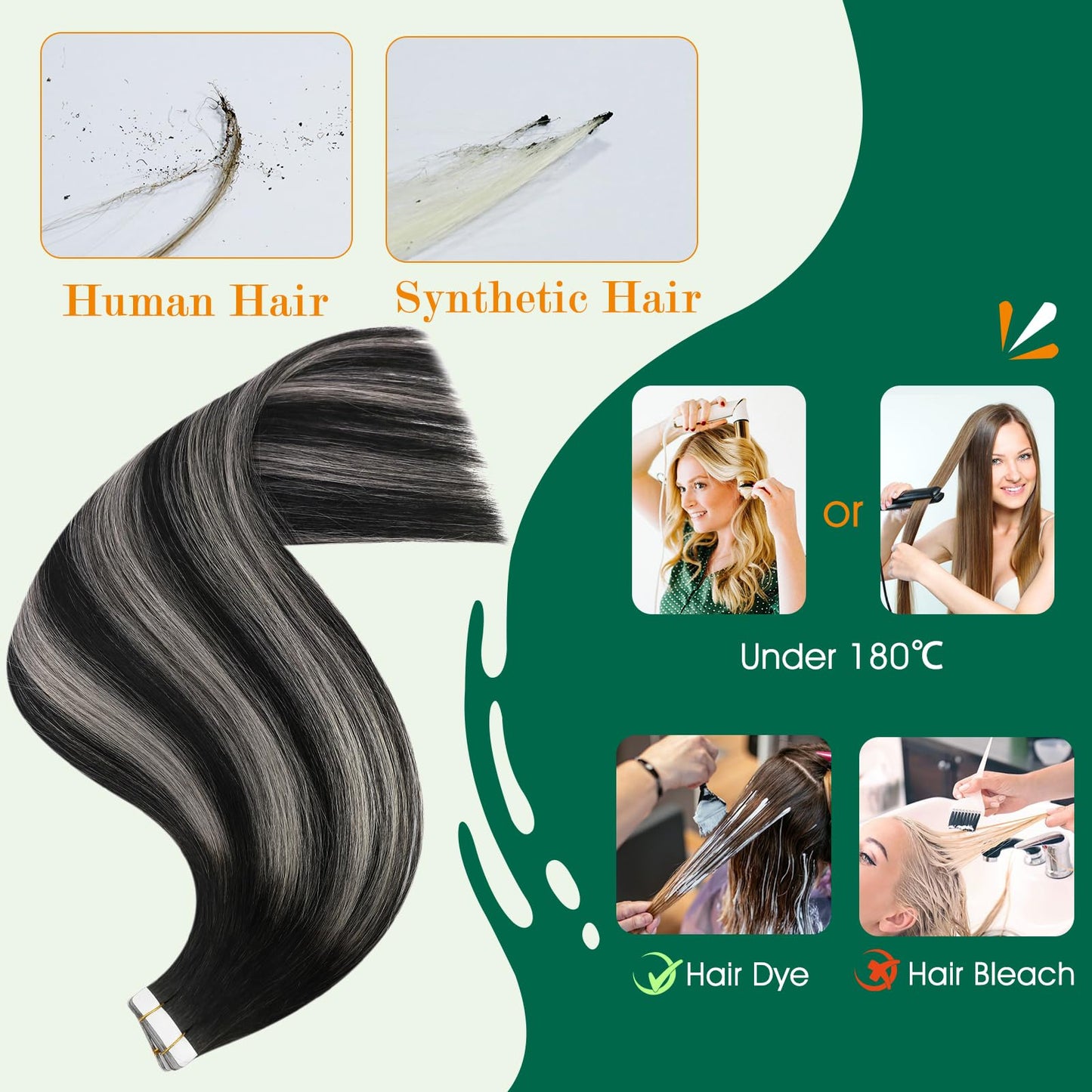 Easyouth Tape in Hair Extensions Black Silver Tape in Extensions Human Hair Ombre Black to Silver Hair Extensions Real Human Hair Tape in Balayage 12 Inch 20Pcs 30g